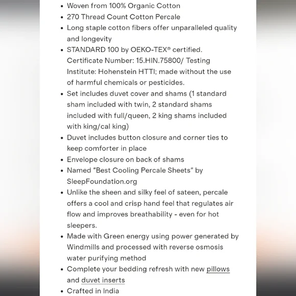 Classic Organic Cotton Percale Duvet Cover + 2 Shams TWIN Bedding Set Windowpane - Picture 8 of 10